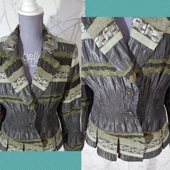 Uptown Girl Metallic Gray & Green Eclectic Striped Crinkle Button Front Blazer - Picture 2 of 6
